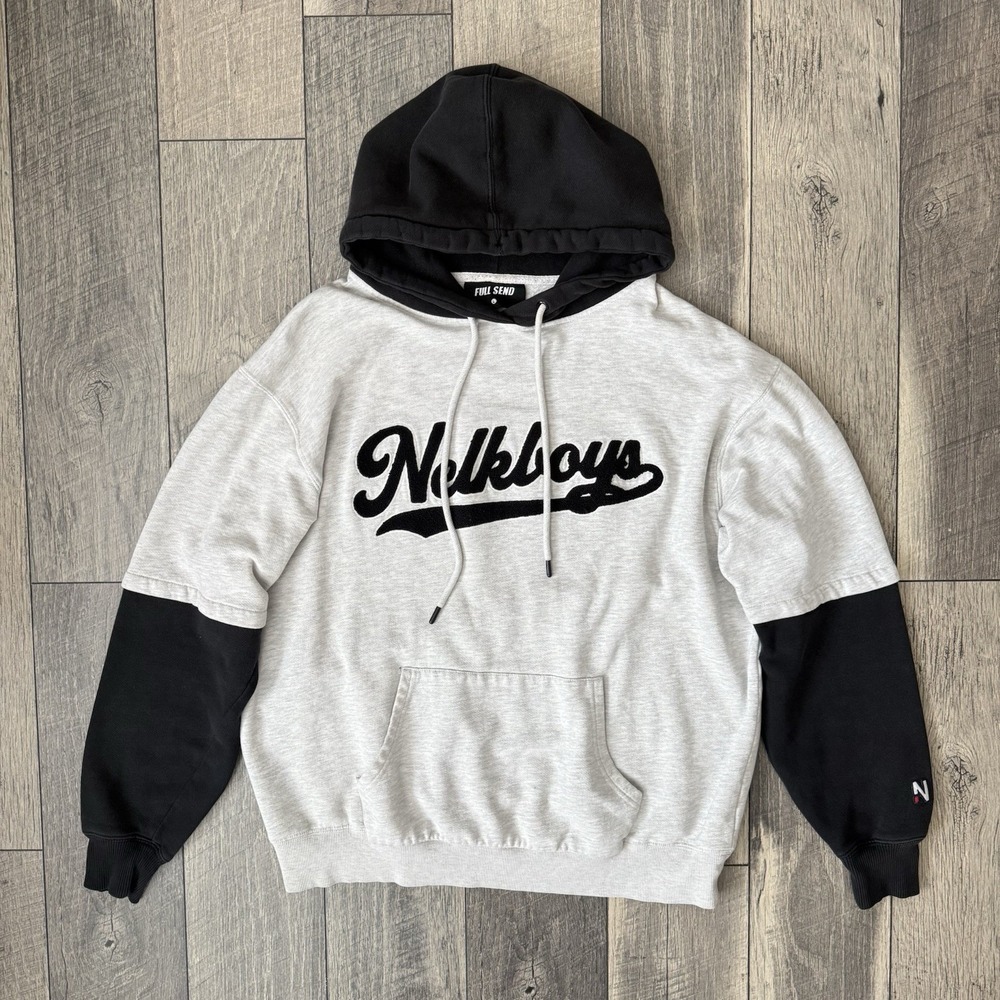 Full Send Nelk Boys Pullover Hoodie Mens L White Black Colorblock Chenille Logo